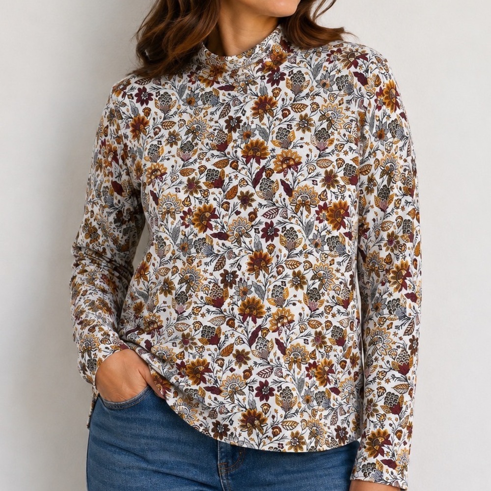 LOFT Women's Large Floral Mock Neck Top Cotton Blend Long Sleeve Cottagecore